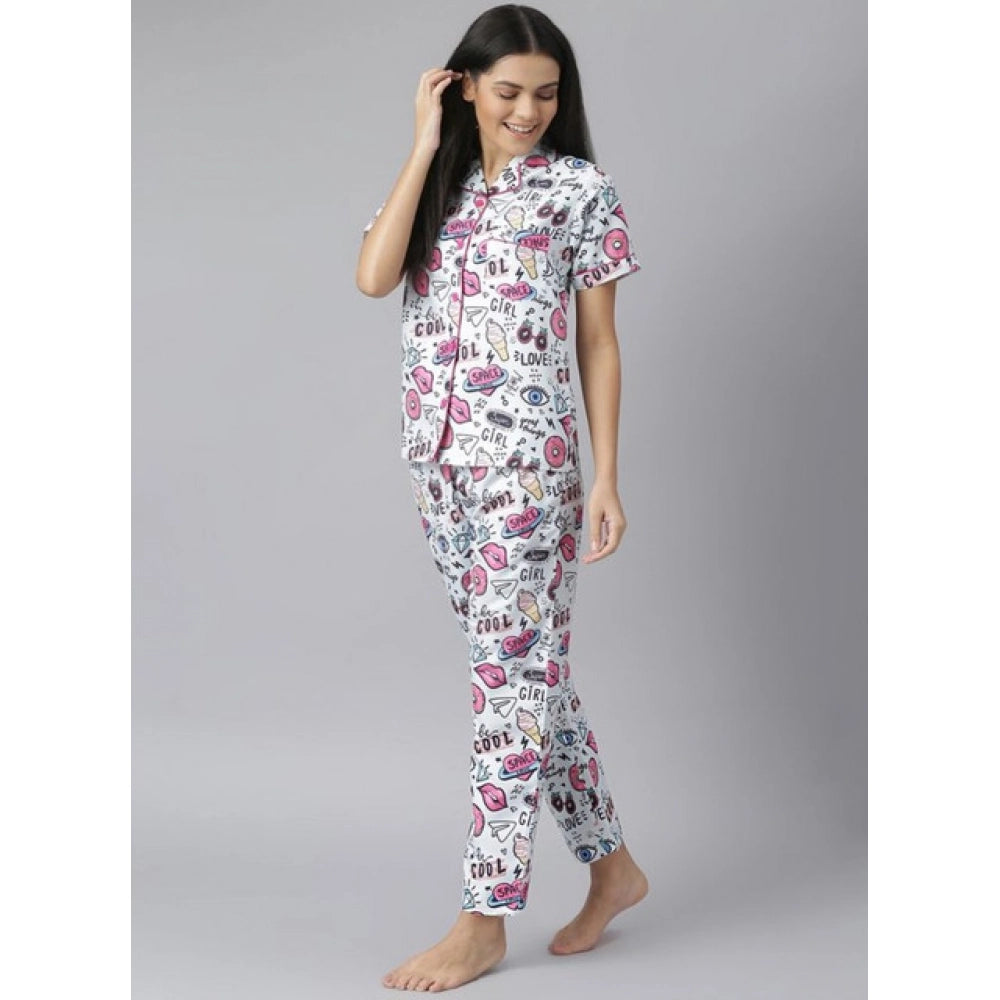 Multicolor cotton blend printed short sleeve night suit for women, lapel collar, short sleeves, ankle length, slip-on and button closure, pant style nightsuit