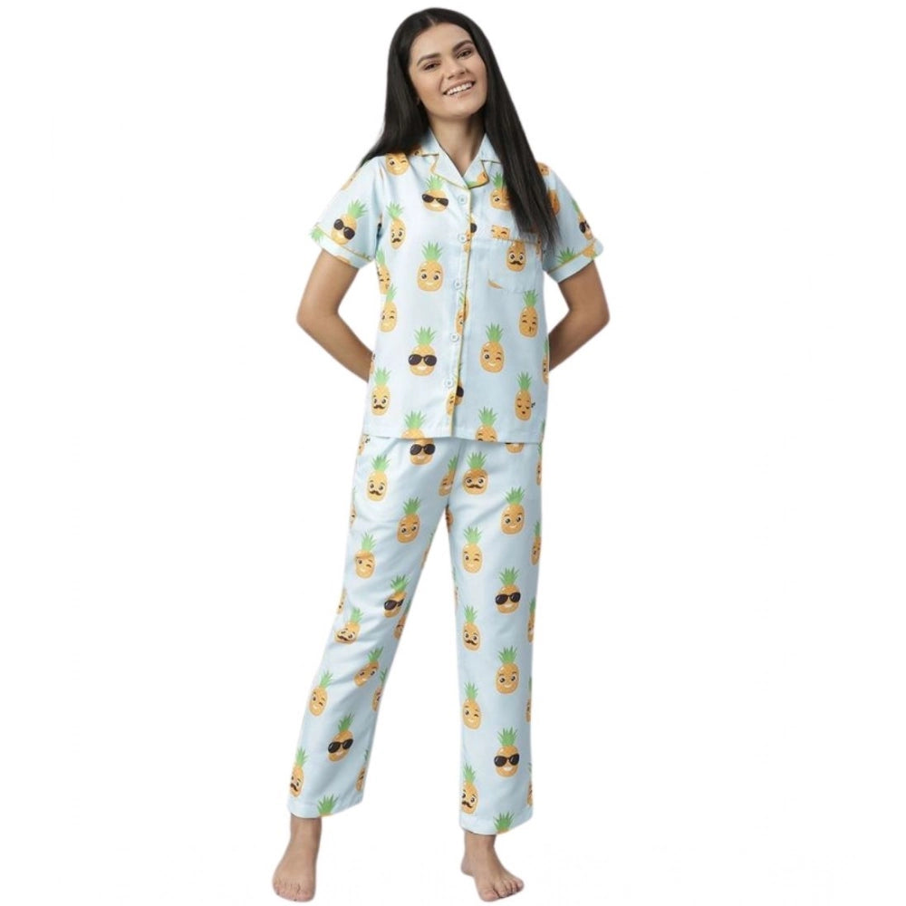 Blue-Yellow printed cotton blend women's short sleeve night suit on hanger with lapel collar neck, short sleeves, ankle length, slip-on and button closure, pant style