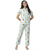 Blue-Yellow printed cotton blend women's short sleeve night suit on hanger with lapel collar neck, short sleeves, ankle length, slip-on and button closure, pant style