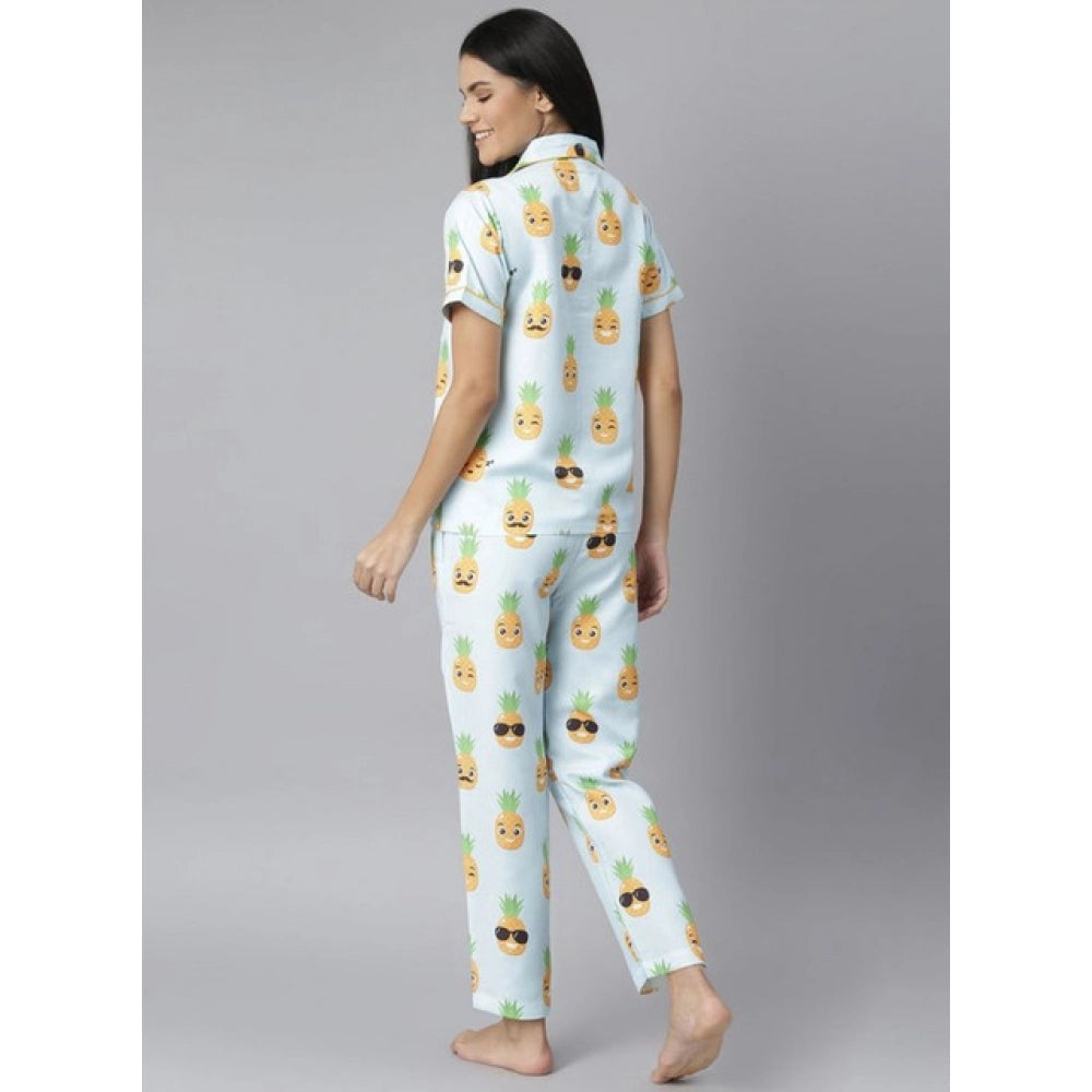 Blue-Yellow cotton blend printed short sleeve night suit for women on display, lapel collar, short sleeves, ankle length, slip-on with buttons, pant style