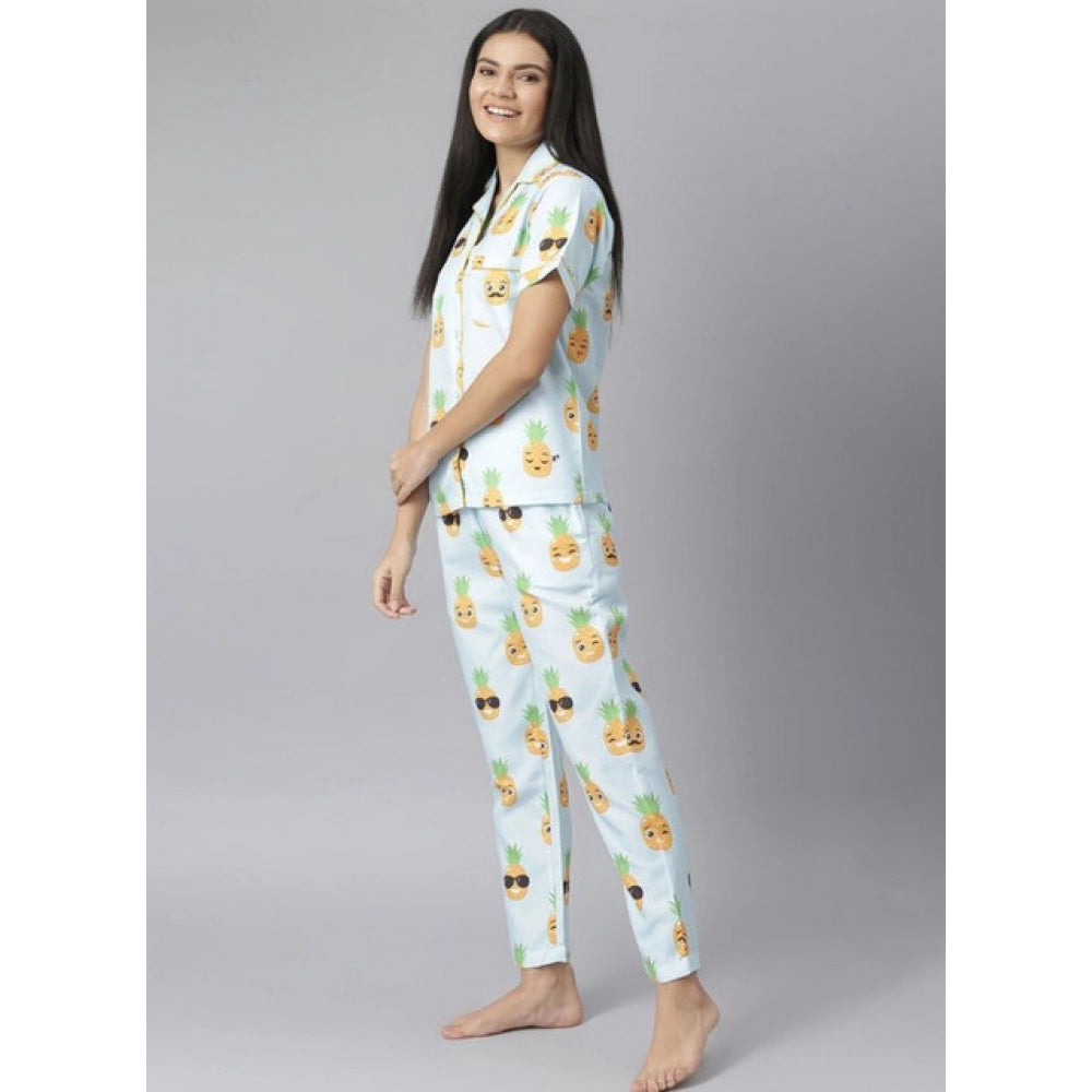 Blue-Yellow cotton blend printed short sleeve night suit for women on display, lapel collar neck, short sleeves, ankle length, slip-on with buttons, pant style