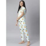 Blue-Yellow cotton blend printed short sleeve night suit for women on display, lapel collar neck, short sleeves, ankle length, slip-on with buttons, pant style