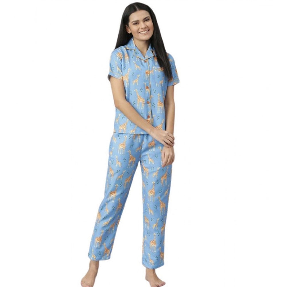 Blue cotton blend printed short sleeve night suit for women, lapel collar, short sleeves, ankle length, slip-on and button closure, pant style