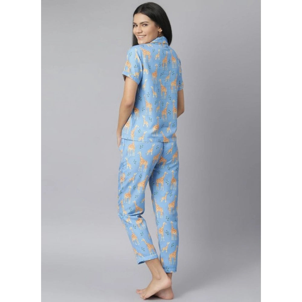 Blue cotton blend printed short sleeve night suit, lapel collar neck, short sleeves, ankle length, slip-on with buttons, pant style women's nightwear