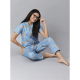 Blue cotton blend printed short sleeve night suit with lapel collar, short sleeves, ankle length, slip-on and button closure, pants style for women's nightwear