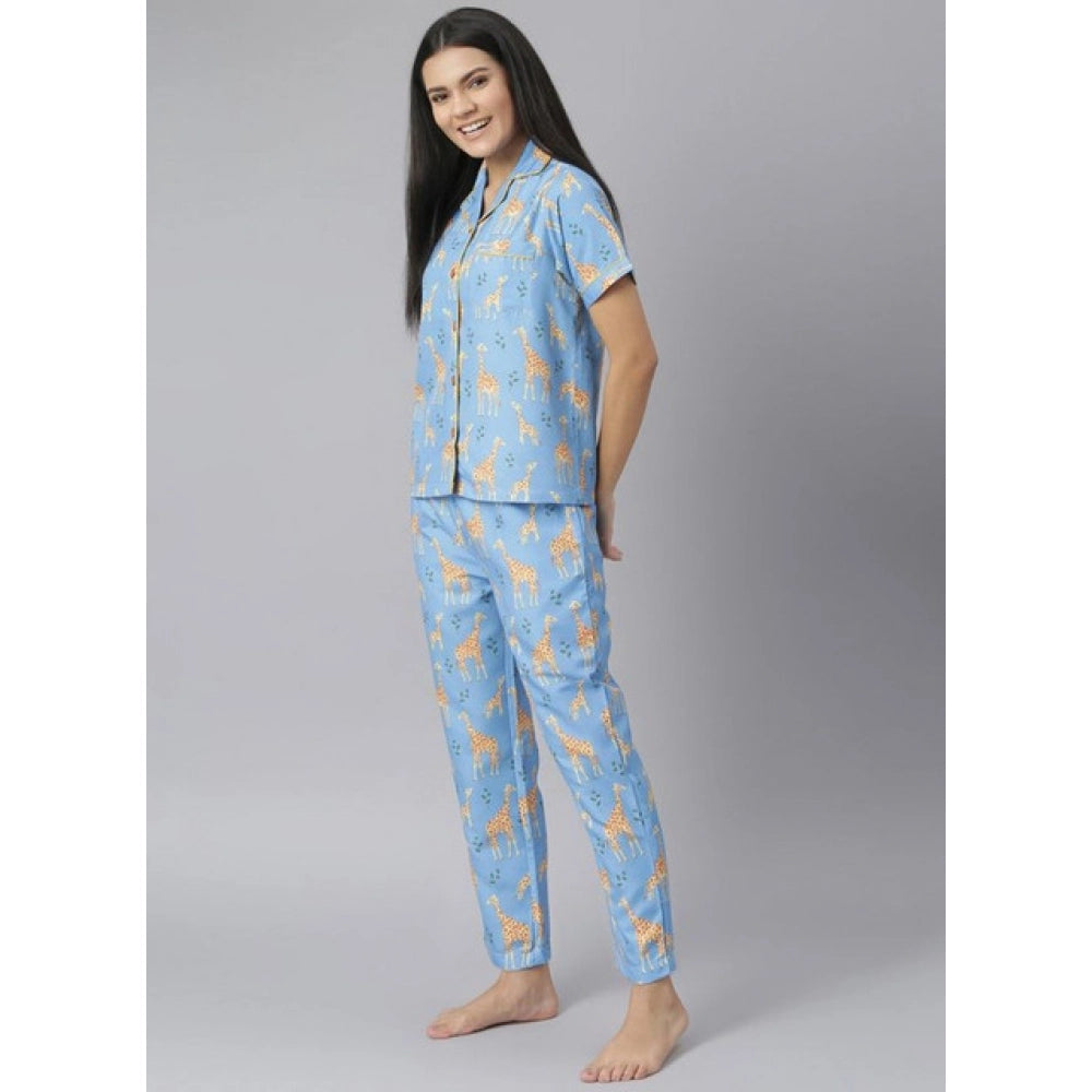 Blue cotton blend printed short sleeve night suit with lapel collar neck, short sleeves, ankle length, slip-on and button closure, pant style, for women's nightwear