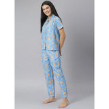 Blue cotton blend printed short sleeve night suit with lapel collar neck, short sleeves, ankle length, slip-on and button closure, pant style, for women's nightwear
