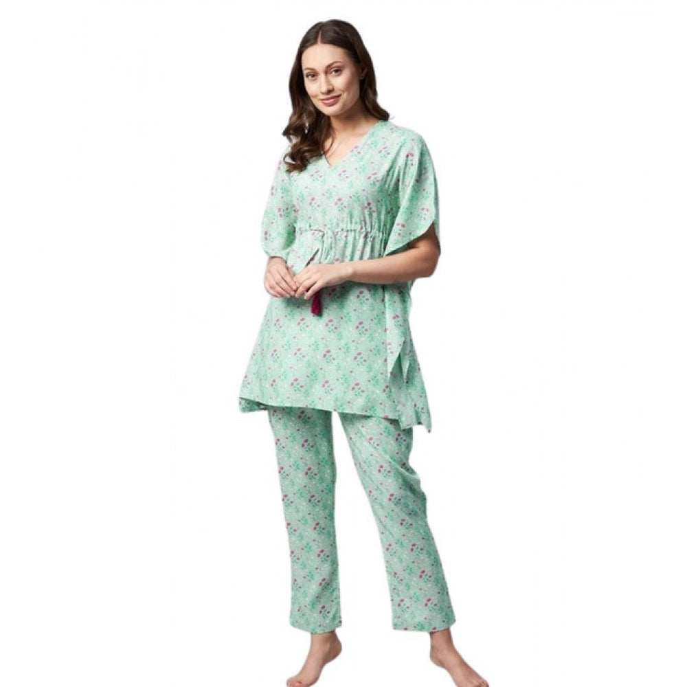 Green-Pink rayon floral kaftan night suit with V-neck, kaftan sleeves, ankle length, slip-on closure, and pant bottom on hanger