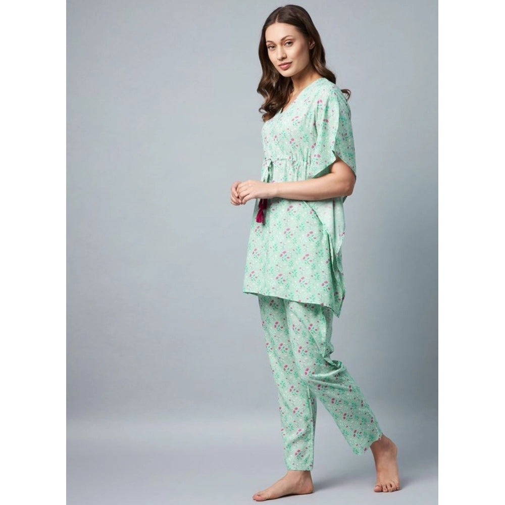Green-Pink rayon floral kaftan night suit on woman, V-neck, kaftan sleeves, ankle length, slip-on pant style