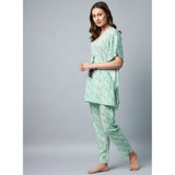 Green-Pink rayon floral kaftan night suit on woman, V-neck, kaftan sleeves, ankle length, slip-on pant style
