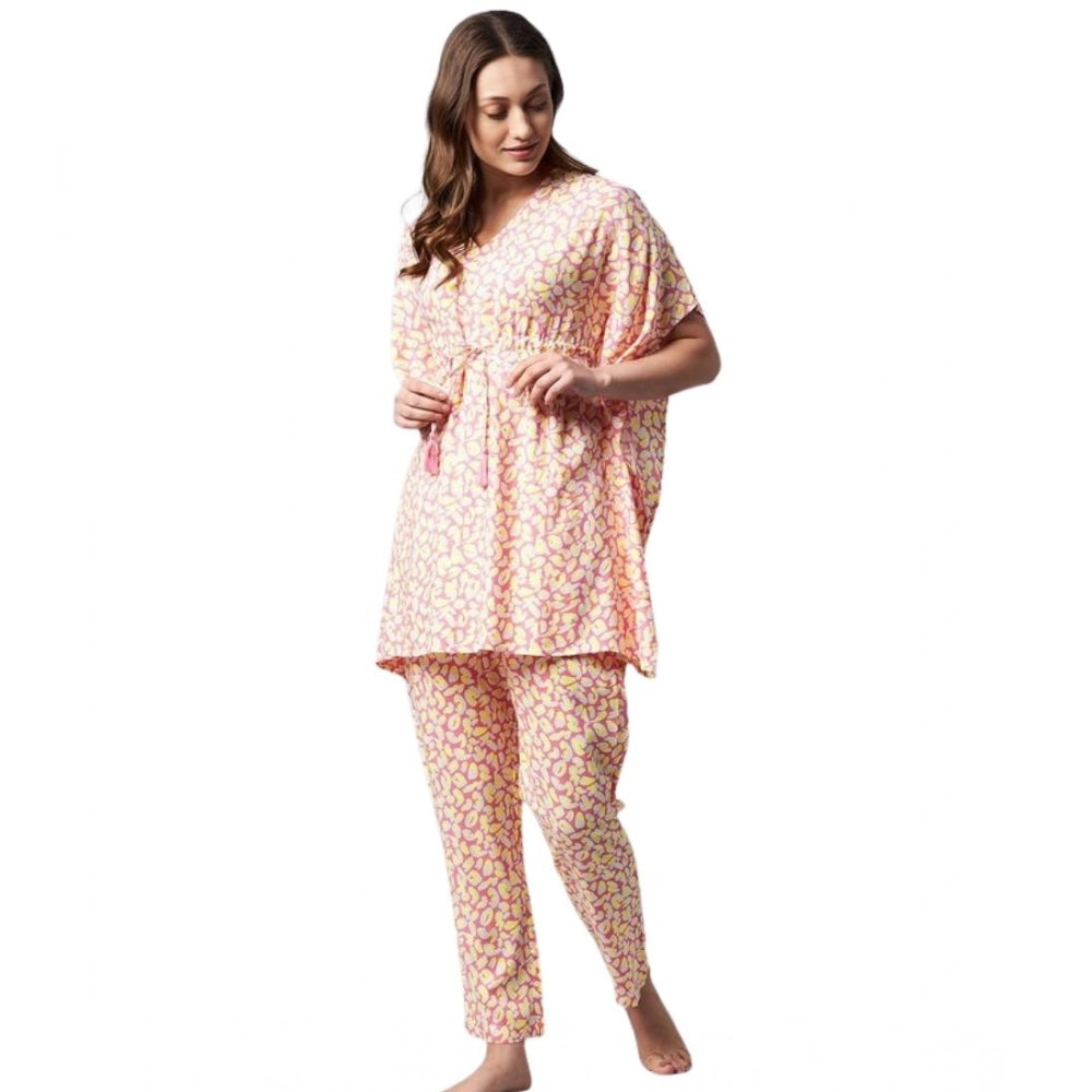 Multicolor rayon tie & dye kaftan night suit for women, V-neck, ankle length pant style with slip-on closure