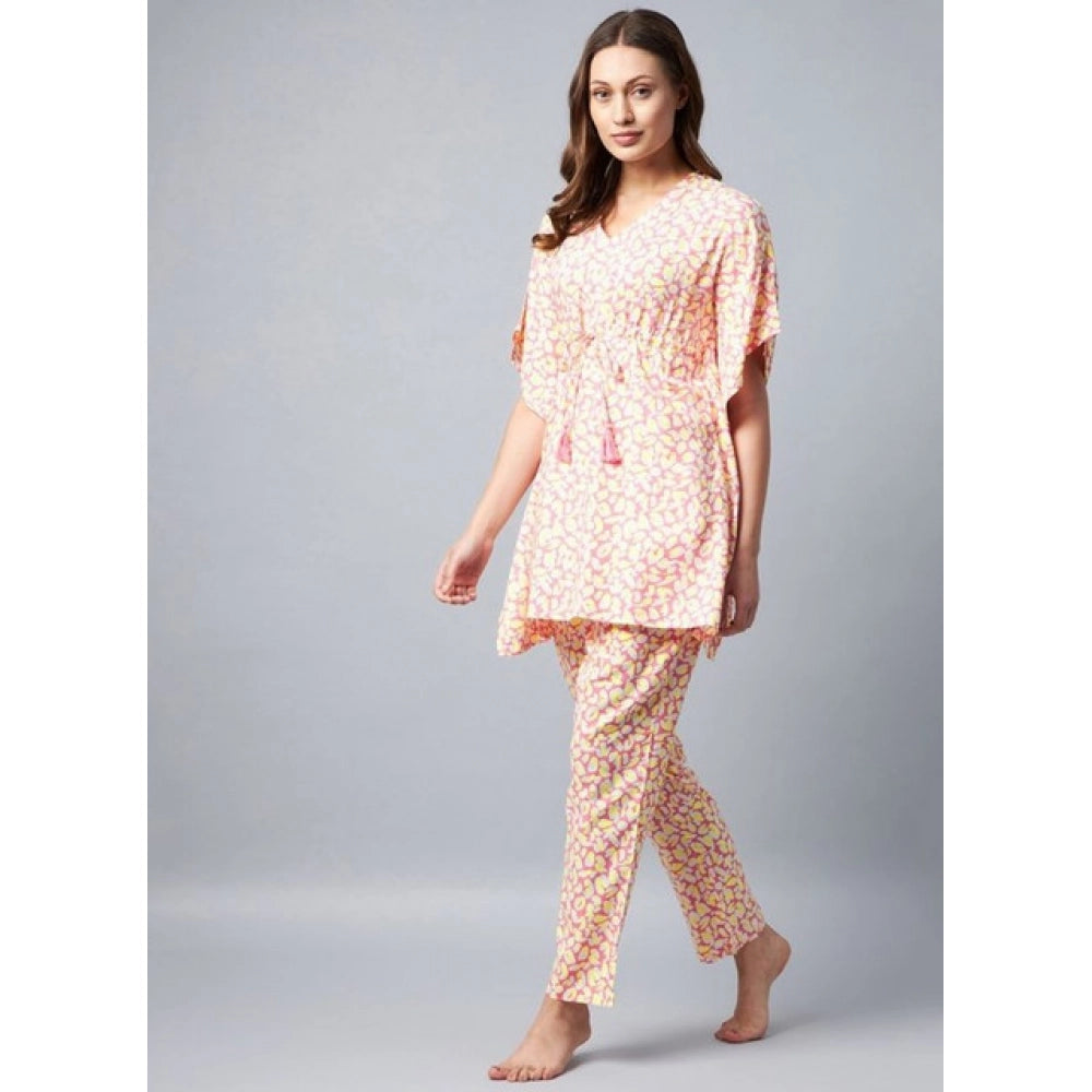 Multicolor rayon tie & dye kaftan night suit for women, V-neck, ankle length pant style with slip-on closure