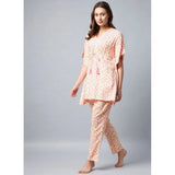 Multicolor rayon tie & dye kaftan night suit for women, V-neck, ankle length pant style with slip-on closure