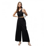 Black cotton linen sleeveless crop top and palazzo set for women on mannequin