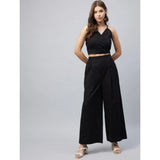 Black cotton linen women's sleeveless crop top & palazzo set, solid design for summer fashion