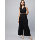 Black cotton linen solid sleeveless crop top and palazzo set for women, ankle-length palazzos with slip-on closure