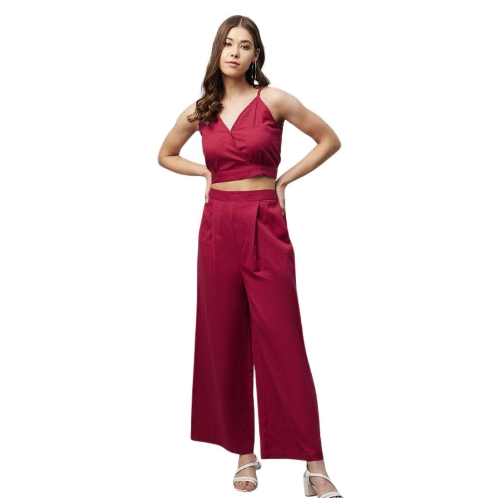Maroon cotton linen solid sleeveless crop top and palazzo set for women - soft and breathable fabric, ankle-length with slip-on closure