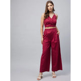 Maroon cotton linen sleeveless crop top & palazzo set - solid, ankle-length, slip-on style for women's fashion
