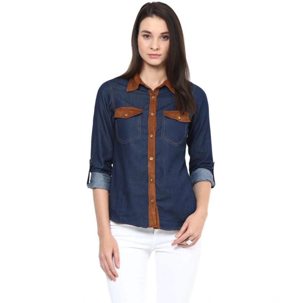 Blue denim women's long-sleeve solid shirt with button closure