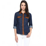 Blue denim women's long-sleeve solid shirt with button closure