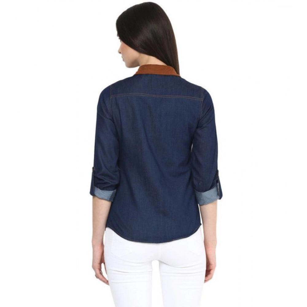 Blue denim women's long-sleeve shirt with solid pattern, button closure