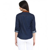 Blue denim women's long-sleeve shirt with solid pattern, button closure