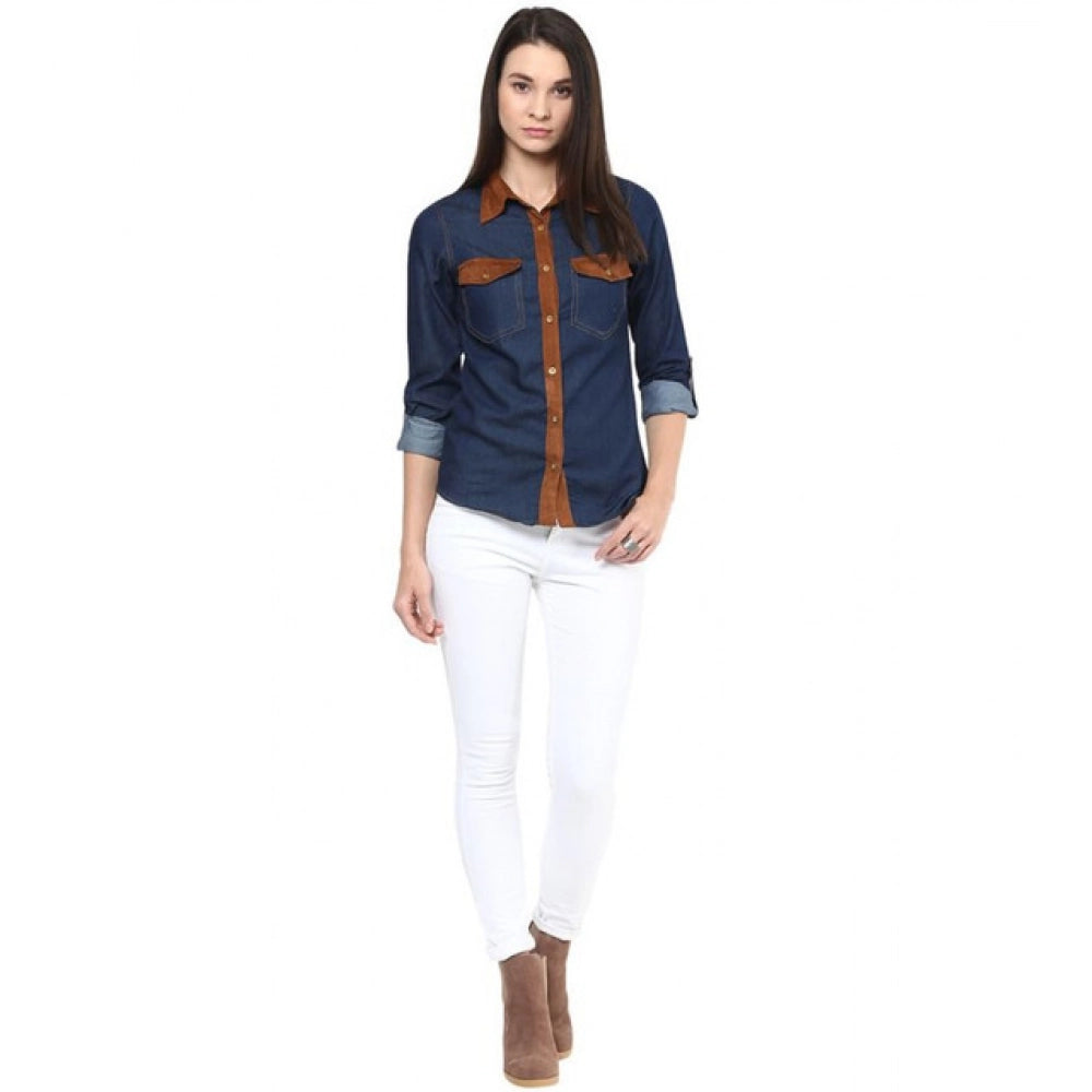 Blue denim women's solid long-sleeve shirt on hanger, button closure
