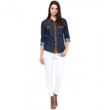 Blue denim women's solid long-sleeve shirt on hanger, button closure