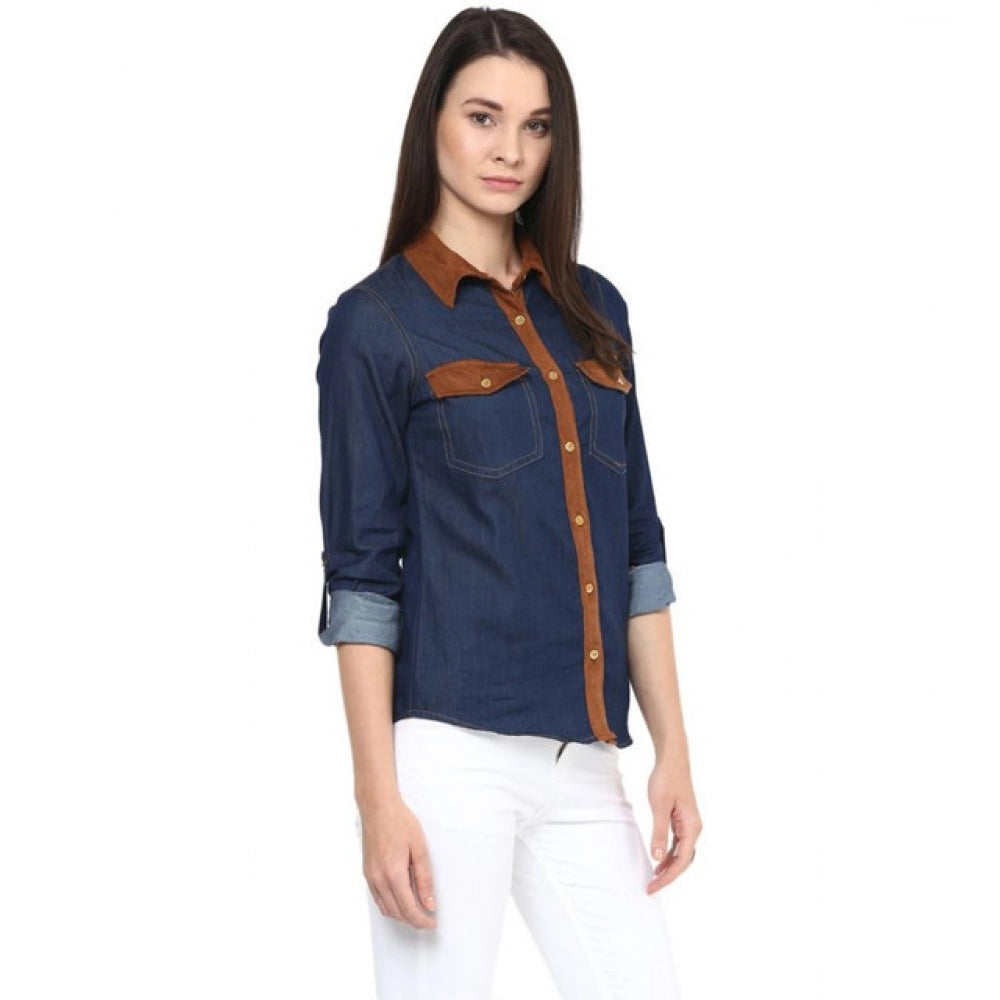 Blue denim women's solid long-sleeve shirt with button closure