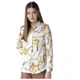 White-gold satin printed long sleeves shirt for women, featuring a button closure and hip length cut