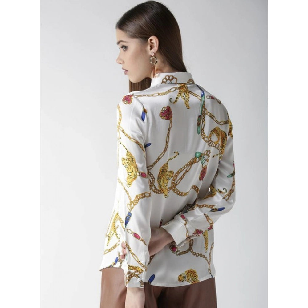 White-Gold satin printed long sleeves shirt for women, featuring a button closure and hip length design