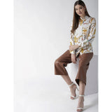 White-Gold satin printed long sleeve shirt for women, detailed button closure on a hip length style