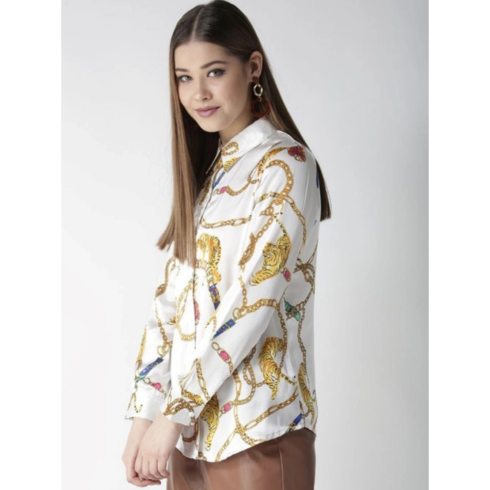 White-Gold satin printed long sleeve shirt for women, button closure, hip length