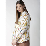 White-Gold satin printed long sleeve shirt for women, button closure, hip length