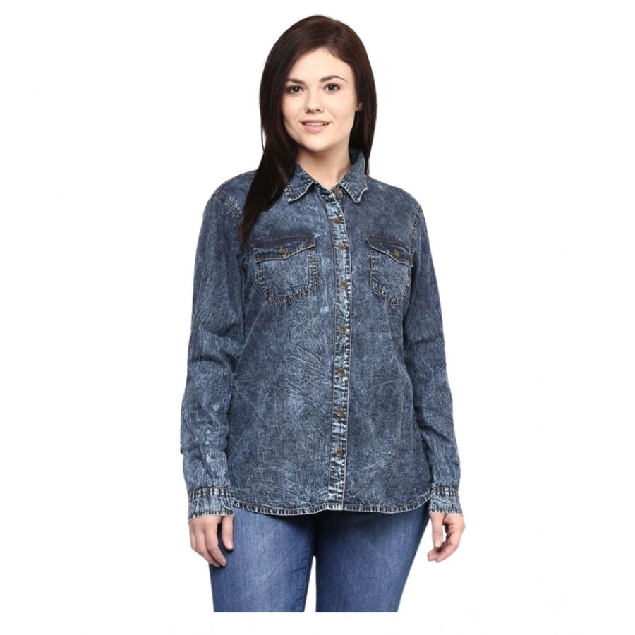Women's Denim Solid Long Sleeves Shirt (Blue)