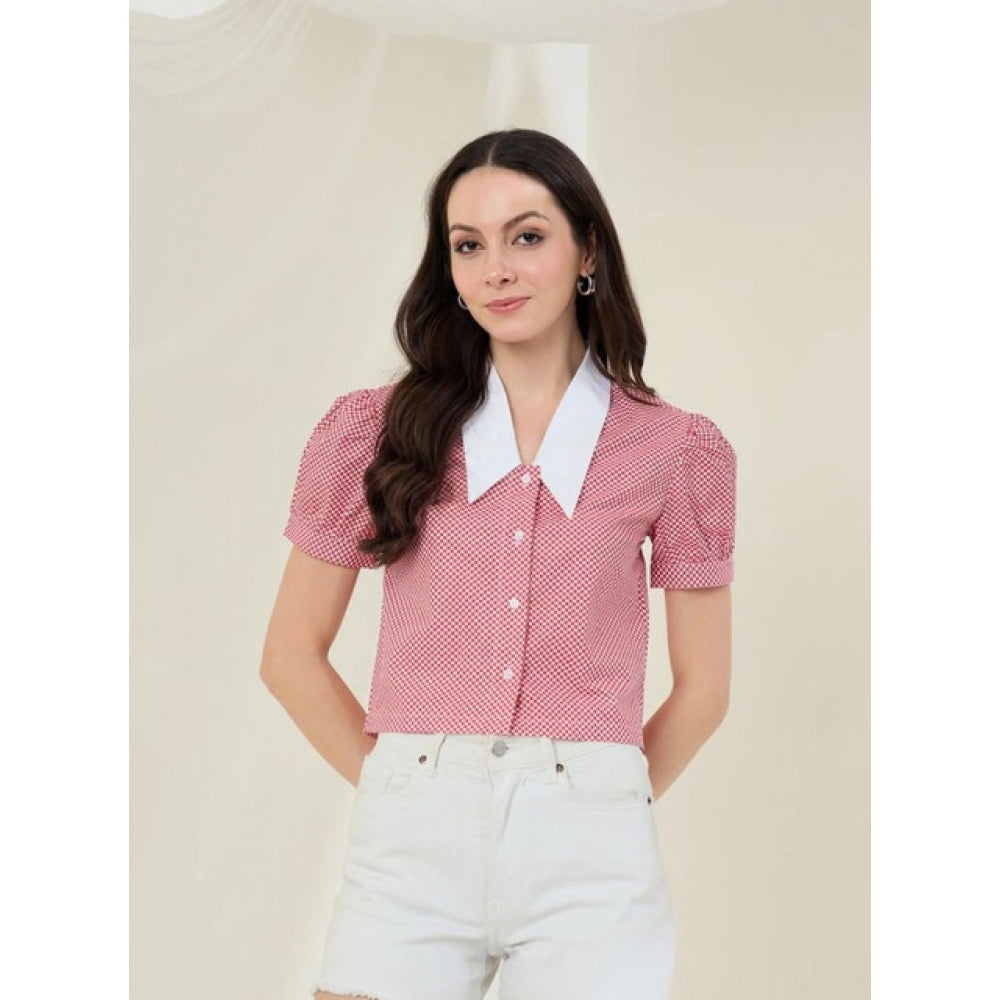 Red-white cotton checkered half sleeve shirt for women on a hanger