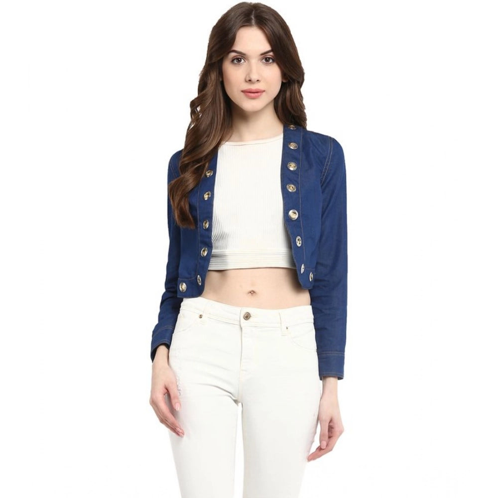 Blue denim embellished long sleeves shrug, front open neck, button closure, women's casual wear on hanger