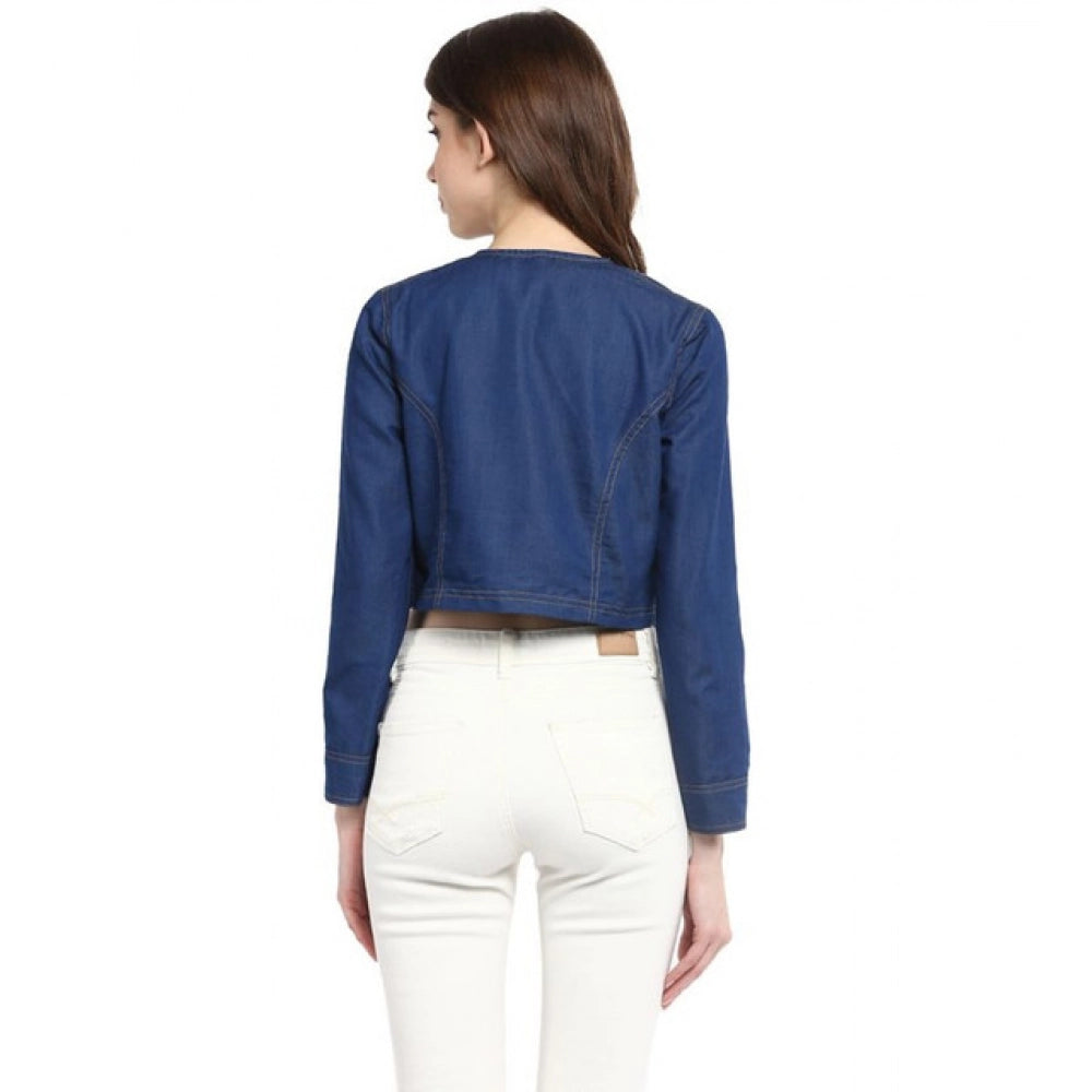 Blue denim embellished long sleeve shrug for women, front open neck, button closure, waist length