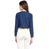 Blue denim embellished long sleeve shrug for women, front open neck, button closure, waist length