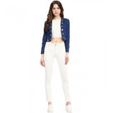 Blue denim embellished long sleeves shrug for women, front open neck, button closure, waist length
