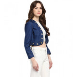 Blue denim embellished long sleeves shrug, front open neck, button closure for women's casual fashion