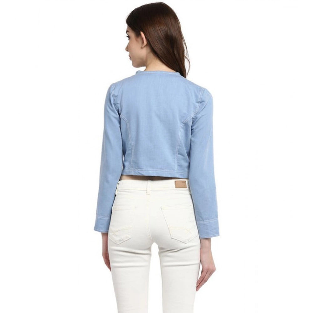 Blue denim ruffled long sleeves shrug for women, front open neck, waist-length style