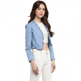 Blue denim women's ruffled long sleeve shrug with front open neck, perfect for casual outfits