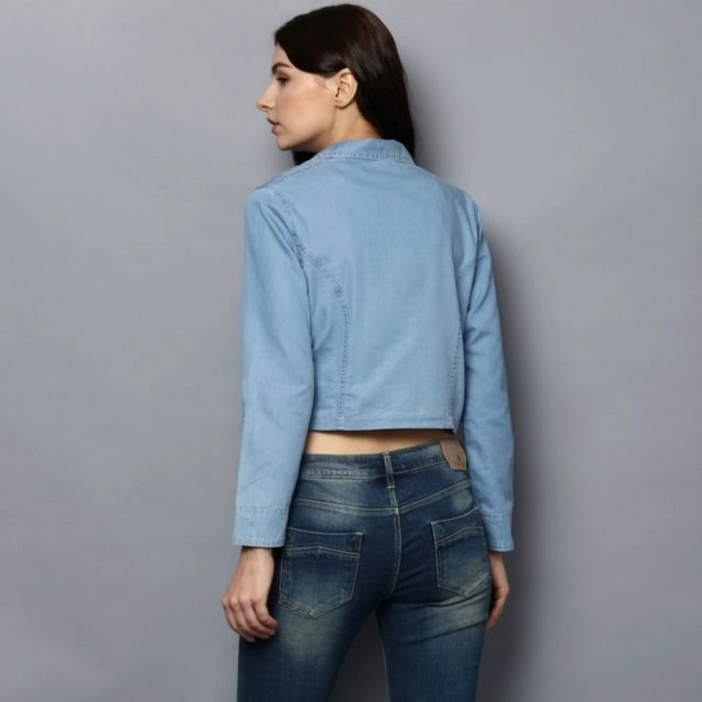 Blue denim women's 3/4 sleeves shrug with shirt collar neck, solid pattern