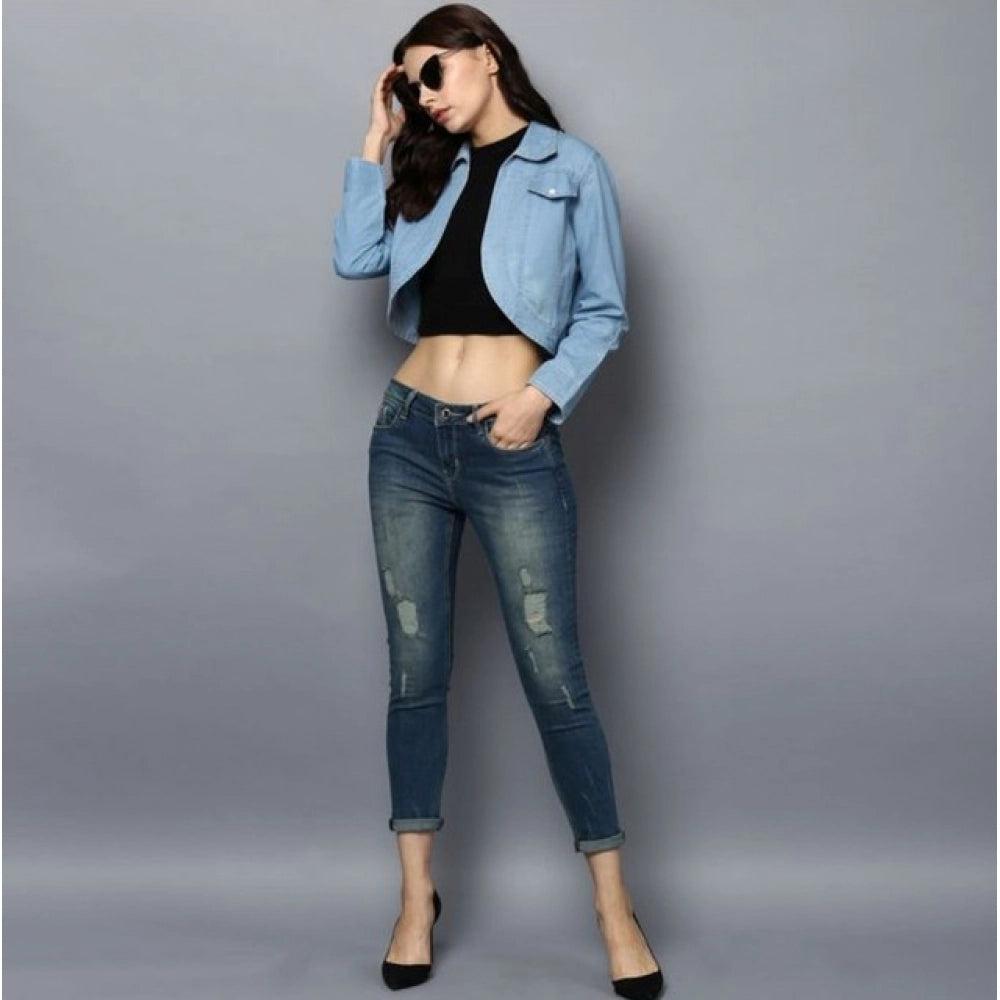 Blue denim solid 3/4th sleeves shrug for women on hanger