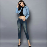 Blue denim solid 3/4th sleeves shrug for women on hanger