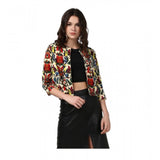 Multicolor polyester floral 3/4th sleeves women's shrug, front open neck, waist length style