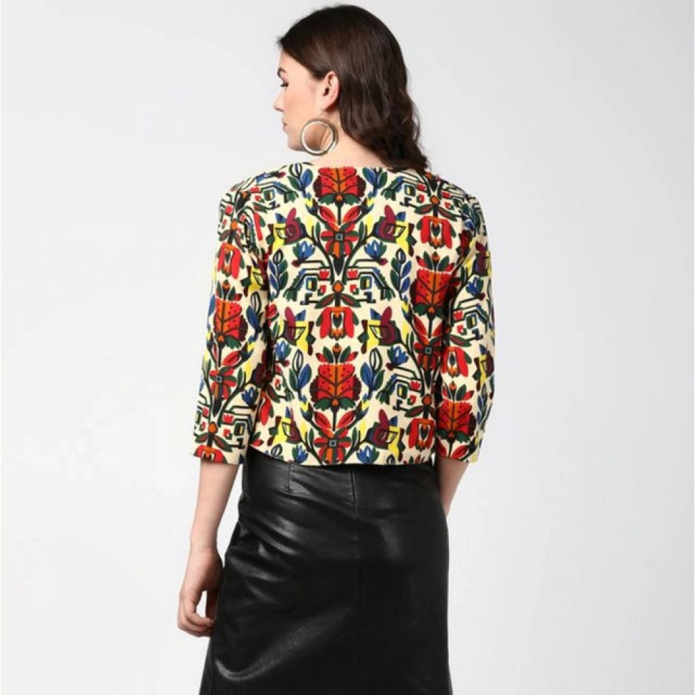 Multicolor polyester floral 3/4th sleeves women's shrug with front open neck, perfect for layering