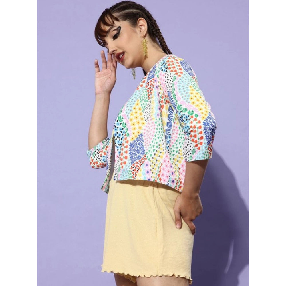 Multicolor polyester floral 3/4th sleeves shrug for women, round neck, waist length