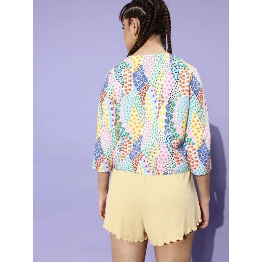 Multicolor polyester floral 3/4-sleeve women's shrug, round neck, waist length